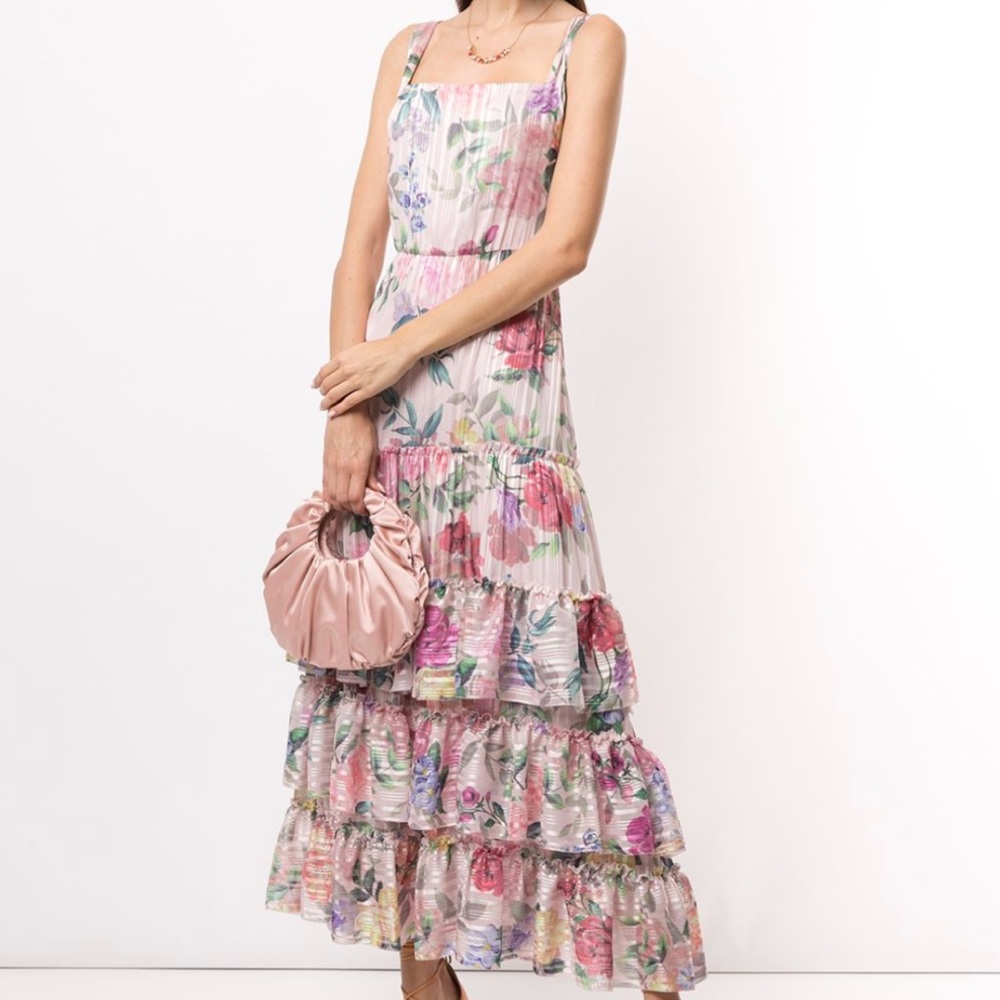 Marchesa Notte Blouson Floral Tiered Day Gown Dress